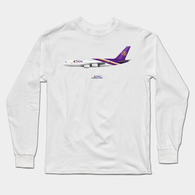 Illustration of Thai Airways Airbus A380 Long Sleeve T-Shirt by SteveHClark